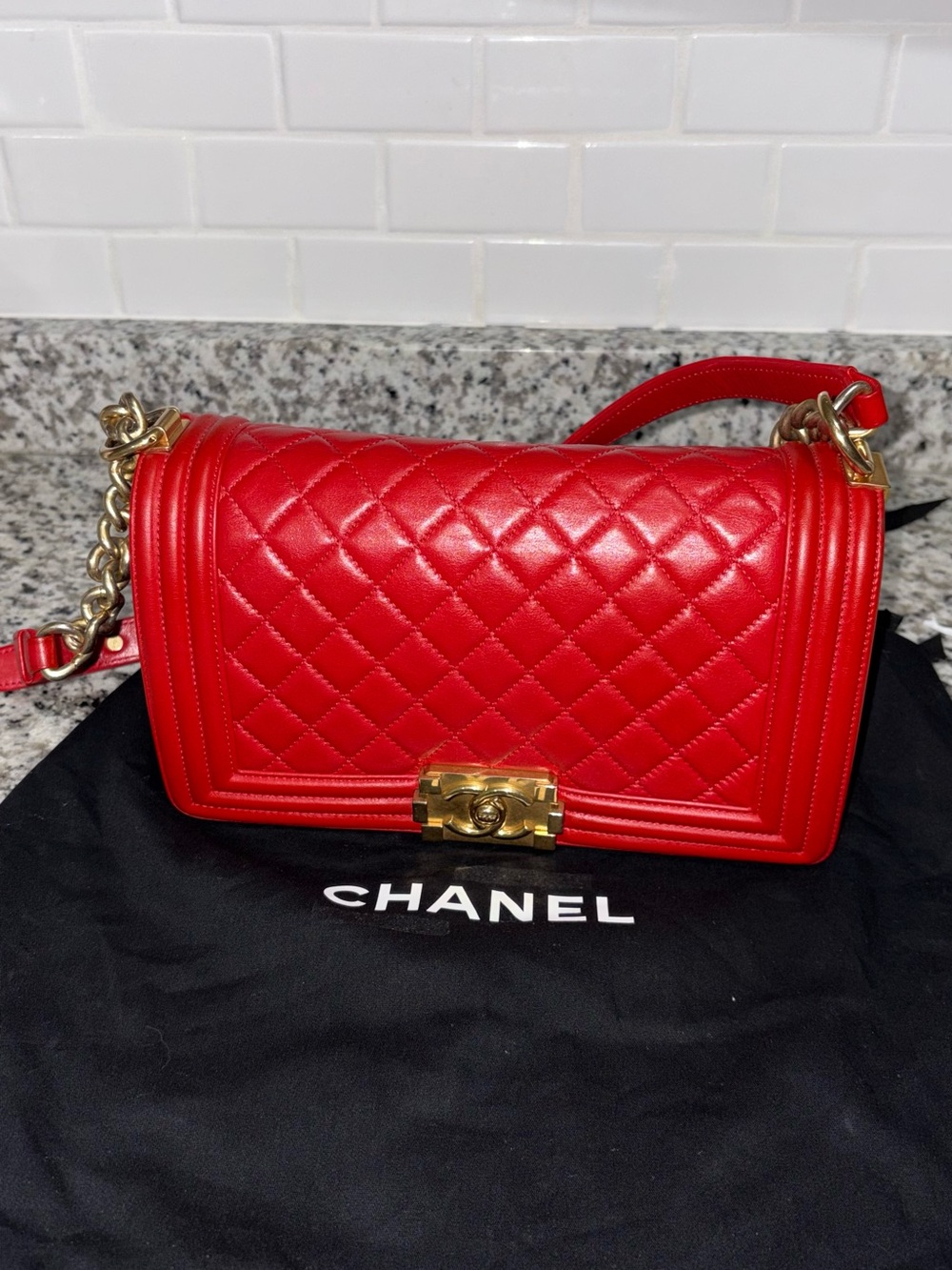 Chanel Boy Medium Flap Bag in Red Quilted Leather with Gold-Tone Hardware